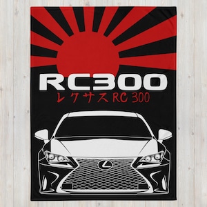 May include: A black and white illustration of a Lexus RC 300 car with a red and black Japanese rising sun background. The text "RC 300" and "レクサス RC 300" is in white.