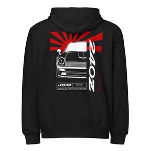 May include: Black hooded sweatshirt with a graphic of a classic car, a red sunburst, and the text "240Z" in white. The sweatshirt also features the text "JDM 02/73 Manufactured in Japan."