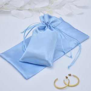 3x Sky Blue Drawstring Bag, Satin Gift Bag, Sky Blue Jewelry Bag, Dice Bag, Dice Storage, Bridesmaid Makeup Bag, Large Makeup Bag, Tarot Bag