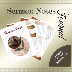 Könnte beinhalten: Ein Journal mit dem Titel "Sermon Notes" mit einem botanischen Design. Das Journal enthält Seiten für Notizen, Reflexionen und Schriftstellen. Das Cover zeigt ein Blattdesign in Braun- und Beigetönen. Das Journal enthält auch eine druckbare Schriftkarte.