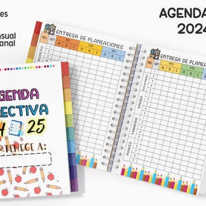 Puede incluir: Agenda escolar 2024-2025 con espiral, con una portada colorida que dice "AGENDA DIRECTIVA 24-25". Incluye secciones para datos personales, calendario, reuniones y organizaci&oacute;n semanal. Las p&aacute;ginas abiertas muestran tablas de planificaci&oacute;n.