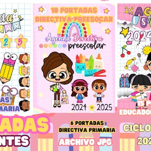 Puede incluir: Cubiertas de agendas escolares coloridas con ilustraciones de dibujos animados. Las cubiertas presentan texto en espa&ntilde;ol, incluyendo "Agenda Escolar" y "Ciclo Escolar 2024-2025." Los dise&ntilde;os incluyen un b&uacute;ho, un l&aacute;piz y ni&ntilde;os.