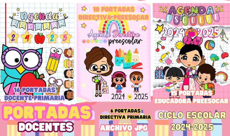 Puede incluir: Cubiertas de agendas escolares coloridas con ilustraciones de dibujos animados. Las cubiertas presentan texto en espa&ntilde;ol, incluyendo "Agenda Escolar" y "Ciclo Escolar 2024-2025." Los dise&ntilde;os incluyen un b&uacute;ho, un l&aacute;piz y ni&ntilde;os.