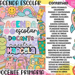 Puede incluir: Una agenda escolar con espiral de diseño colorido. La portada muestra las palabras "AGENDA ESCOLAR" y "AGENDA escolar DOCENTE maestra Marcela". La agenda incluye secciones para datos personales, calendario y más.