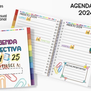 Puede incluir: Agenda escolar espiralada para 2024-2025, con una portada colorida que dice "AGENDA DIRECTIVA 24 25". Las p&aacute;ginas abiertas muestran papel rayado con fechas y espacio para notas, incluyendo "AGOSTO 2024" y "NOTAS IMPORTANTES".