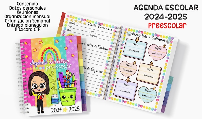 Puede incluir: Agenda escolar preescolar 2024-2025 con espiral, colorida. La portada presenta una ilustraci&oacute;n de dibujos animados con el texto "Agenda Directiva Preescolar". Contiene secciones para datos personales, reuniones y organizaci&oacute;n semanal. Incluye p&aacute;ginas para webs y contrase&ntilde;as.