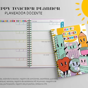 Puede incluir: Una agenda colorida con las palabras "Happy Teacher Planner" en la portada. La portada presenta ilustraciones de dibujos animados de un lápiz, una regla, una calculadora, una manzana y un globo terráqueo. La agenda está diseñada para maestros e incluye secciones para organizar horarios semanales, notas y otra información importante.