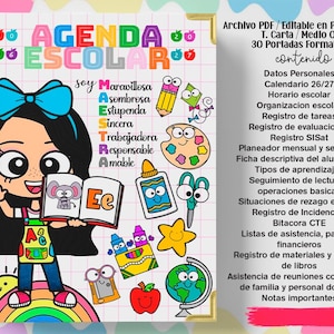 Puede incluir: Una colorida agenda escolar con una niña de dibujos animados en la portada, sosteniendo un libro. La portada presenta el texto "AGENDA ESCOLAR" e ilustraciones escolares. La agenda incluye datos personales, calendario y más.