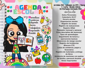 ACTUALIZADA 2027-2026 Agenda escolar colorida y completa para maestra de primaria lista para IMPRIMIR+ PDF+ Portadas a elegir formato Png.