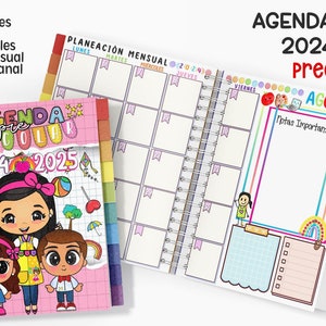 Puede incluir: Una agenda escolar con espiral para el curso 2024-2025, dise&ntilde;ada para preescolar. La portada presenta ilustraciones de dibujos animados de ni&ntilde;os y el texto "AGENDA ESCOLAR 2024-2025 Preescolar". La agenda incluye p&aacute;ginas de planificaci&oacute;n mensual y semanal.