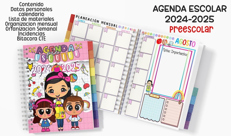 Puede incluir: Una agenda escolar con espiral para el curso 2024-2025, dise&ntilde;ada para preescolar. La portada presenta ilustraciones de dibujos animados de ni&ntilde;os y el texto "AGENDA ESCOLAR 2024-2025 Preescolar". La agenda incluye p&aacute;ginas de planificaci&oacute;n mensual y semanal.