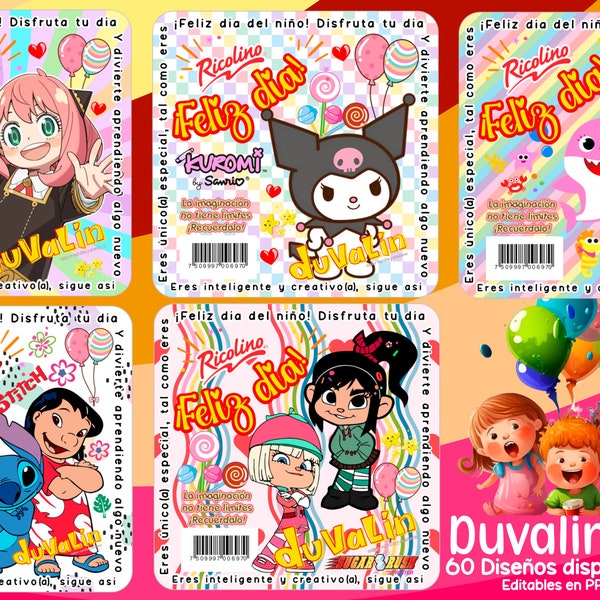 60 Etiquetas Duvalín EDITABLES y 50 Blisters Labels Dulceros PNG Día del Niño,Feliz cumpleaños, festejos, Descarga Inmediata