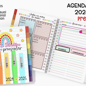 Puede incluir: Agenda escolar preescolar 2024-2025 con espiral, con pesta&ntilde;as coloridas y una portada con un arco&iacute;ris y estrellas. La agenda incluye secciones para datos personales, reuniones y organizaci&oacute;n semanal. El texto "Agenda Directiva preescolar" es visible.