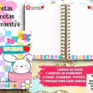 Puede incluir: Un cuaderno con espiral con una cubierta colorida con un conejito de dibujos animados, flores y el texto "Las Notas de la maestra". El cuaderno tiene p&aacute;ginas rayadas y una encuadernaci&oacute;n en espiral dorada. Tambi&eacute;n se ve el texto "Libretas de notas para maestra".