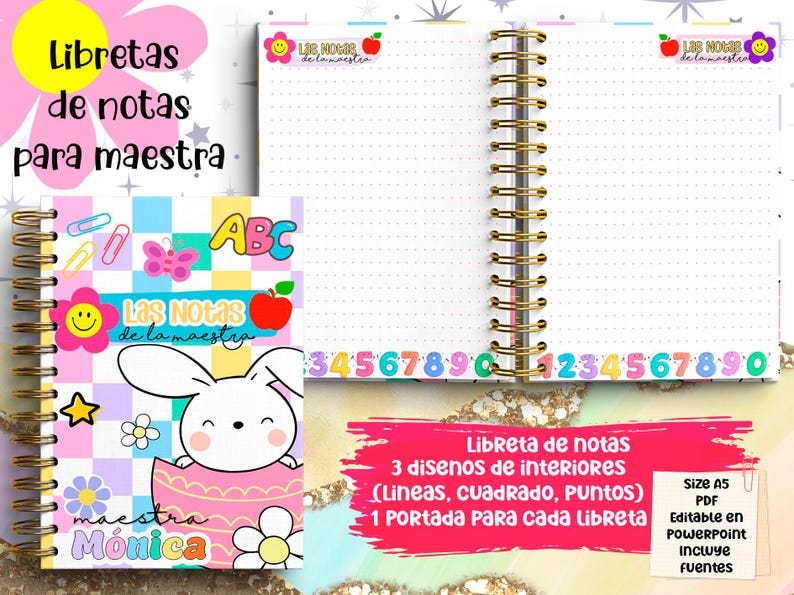 Puede incluir: Un cuaderno con espiral con una cubierta colorida con un conejito de dibujos animados, flores y el texto "Las Notas de la maestra". El cuaderno tiene p&aacute;ginas rayadas y una encuadernaci&oacute;n en espiral dorada. Tambi&eacute;n se ve el texto "Libretas de notas para maestra".
