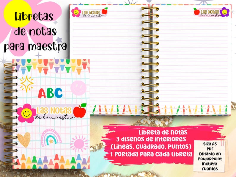 Puede incluir: Cuaderno espiralado para profesores con p&aacute;ginas rayadas y espiral dorada. La portada presenta el texto "ABC", una flor sonriente, una manzana roja y el texto "Las Notas de la maestra". Bordes con tem&aacute;tica de crayones.