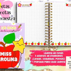 Puede incluir: Cuaderno de espiral con un dise&ntilde;o de manzana roja y el texto "Miss Karolina". El cuaderno tiene un interior cuadriculado y las palabras "Las Notas de la maestra". El cuaderno est&aacute; dise&ntilde;ado para profesores.