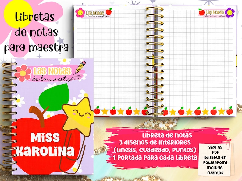 Puede incluir: Cuaderno de espiral con un dise&ntilde;o de manzana roja y el texto "Miss Karolina". El cuaderno tiene un interior cuadriculado y las palabras "Las Notas de la maestra". El cuaderno est&aacute; dise&ntilde;ado para profesores.