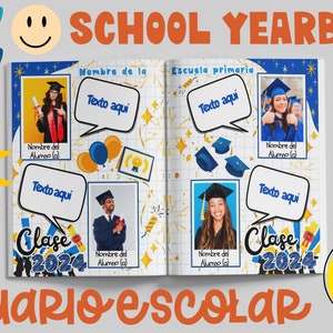 Puede incluir: Diseño de anuario escolar con fondo gris claro. El diseño incluye fotos de graduados, bocadillos para texto y elementos decorativos como estrellas y flores. El anuario mide 43,2 x 27,9 cm.