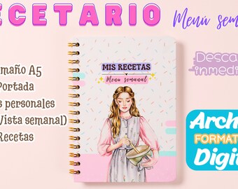 Puede incluir: Un libro de recetas digital imprimible rosa y blanco con una ilustración de dibujos animados de una mujer horneando. El título del libro es "MIS RECETAS Menú semanal".