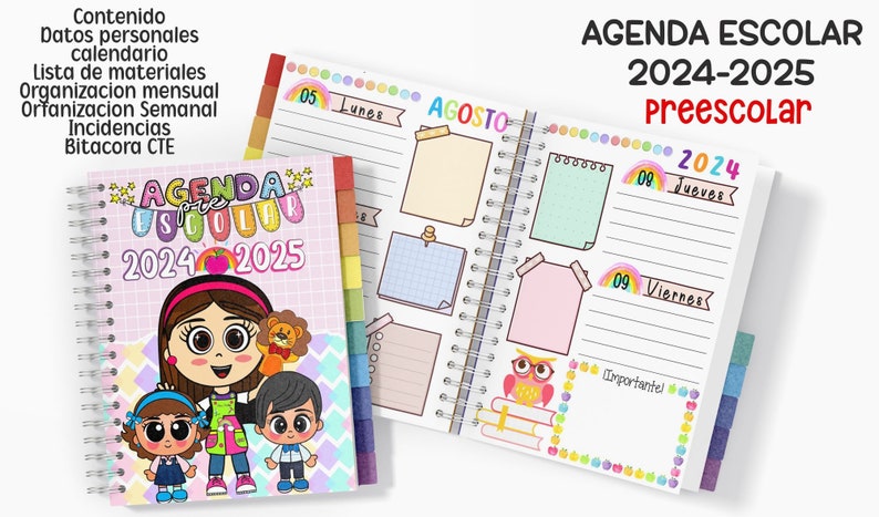 Puede incluir: Dos agendas escolares con espiral para 2024-2025, una cerrada y otra abierta. La agenda abierta muestra un dise&ntilde;o semanal con ilustraciones coloridas y el texto "AGENDA ESCOLAR 2024-2025 Preescolar". La agenda cerrada presenta personajes de dibujos animados.