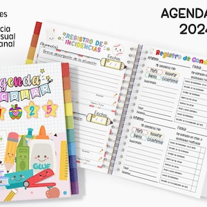 Peut inclure: Agenda scolaire à spirales pour 2024-2025, avec une couverture colorée affichant "Agenda Escolar" et les chiffres "2425". L'agenda comprend des sections pour les données personnelles, le calendrier, les listes de présence et les rapports d'incidents. Les pages sont lignées et comportent des sections pour enregistrer la conduite.