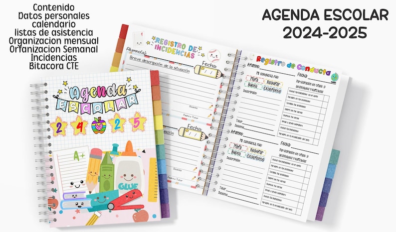 Puede incluir: Agenda escolar con espiral para 2024-2025, con una cubierta colorida que muestra "Agenda Escolar" y los n&uacute;meros "2425". La agenda incluye secciones para datos personales, calendario, listas de asistencia y registros de incidentes. Las p&aacute;ginas est&aacute;n rayadas e incluyen secciones para registrar la conducta.