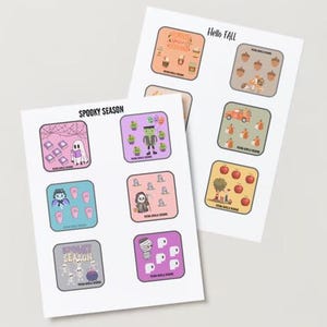 May include: Two sheets of paper with colourful stickers. The top sheet has stickers with autumn themes, including pumpkins, acorns, and a red truck. The bottom sheet has stickers with Halloween themes, including ghosts, bats, and a mummy.