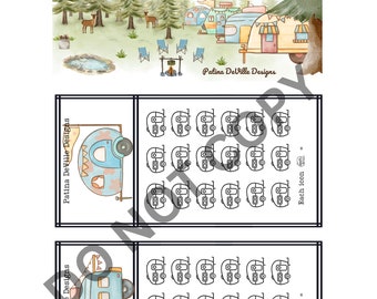 Può includere: Un foglio stampabile con un'illustrazione ad acquerello di una scena di bosco con campeggiatori e un falò. Il foglio include anche una griglia di 24 icone di campeggiatori, con il testo "Ogni icona =" sotto la griglia.