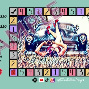 May include: A colorful game board with a vintage car and a woman lying on the ground. The board has numbers 1 through 5 on each side. The game is called "Help Ms. Lowla save for her favorite things!" and has a red gas can and a black high heel shoe as game pieces. The game pieces are worth $10 each.