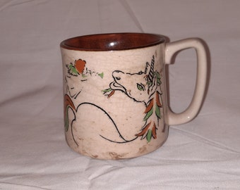 Vintage Hand-Painted Japanese Speckled Stoneware Unicorn & Cherub Mug