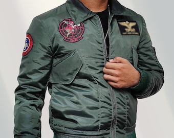 Men’s Handmade Top Maverick Pilot Flight Bomber Green Aviator Lightweight Polyester Jacket Costume