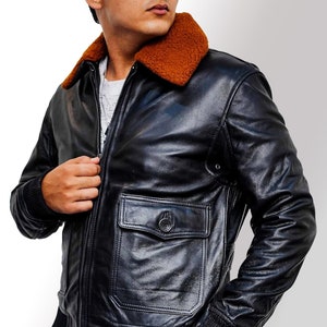 Veste en cuir à col de fourrure amovible pour homme WW2 G1 faite à la main noir Flight Aviator