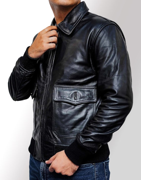 Men's WW2 G1 Handmade Black Flight Aviator Removable Fur Collar