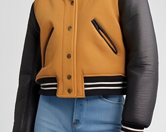 Women’s Classic Brown Varsity Wool Black Leather Sleeves Bomber Jacket