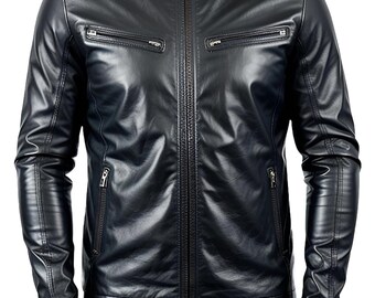 Men's Genuine Black Real Lambskin Motorcycle Leather Jacket