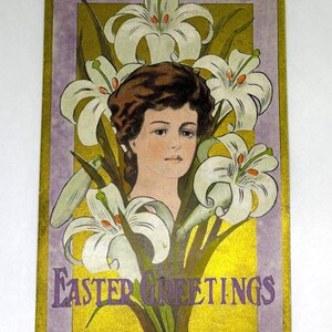 Belle carte postale vintage 1909 Voeux de Pâques Lys et Lady