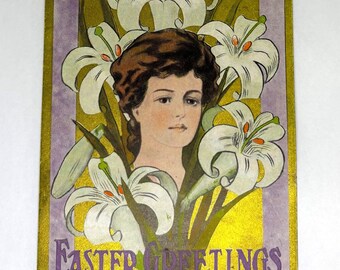 Belle carte postale vintage 1909 Voeux de Pâques Lys et Lady
