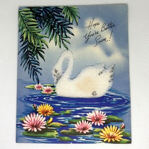 Cygne en mousse Get Well vintage des années 1950 par Doehla Cards Utilisé avec une note au dos de superbes graphismes pour la collection, l'artisanat, la réutilisation