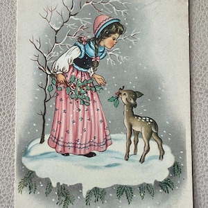 La plus adorable des cartes postales vintage Fille et faon du Nouvel An imprimées en Italie