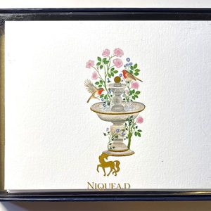 Niquea.D Blank Cards Birds in flower fountain with gold trim Gorgeous lot of 8 with envelopes New