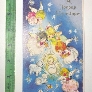 Carte de Noël Baby Angels vintage des années 1960, utilisée et signée, de superbes graphismes pour collectionner, créer ou réutiliser