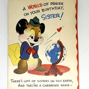 Carte d'anniversaire vintage 1950 pour soeur avec chiot câblé élastique, utilisée et signée, idéale pour collectionner, réorientation de l'artisanat