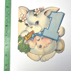 Carte de joyeux anniversaire vintage des années 40, découpée à l'emporte-pièce pour enfant de 1 an, pieds de lapin qui marchent, superbes graphismes pour collectionner, bricoler, réutiliser