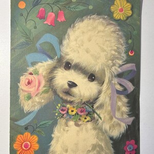 Grande carte de guérison vintage 1971 avec un adorable chiot. OCCASION, signée, avec lettre. De superbes graphismes pour collectionner, bricoler, réutiliser