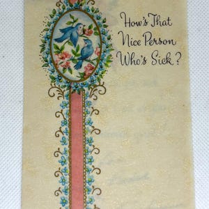 Carte Get Well vintage des années 1950 utilisée et signée, oiseaux de fleurs, superbes graphismes pour collectionner des objets d'artisanat réutilisés