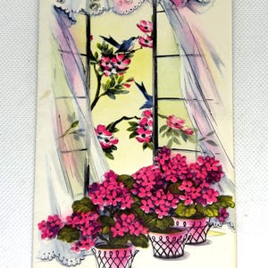 Carte Get Well vintage des années 1950 utilisée et signée, fleurs oiseaux fenêtre de superbes graphismes pour collectionner de l'artisanat réutilisation