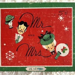 Boîte de cartes de Noël M. et Mme vintage des années 40 par Gibsons dans la boîte d'origine, bon état mais il ne reste que 19 cartes et enveloppes à la boîte.