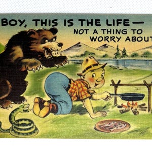 Vintage carte postale de voeux de serpent ours de camping inutilisée des années 40, superbes graphismes pour collectionner de l'artisanat réutilisation