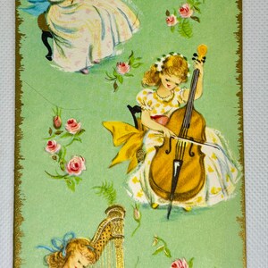Belles filles jouant d'instruments vintage des années 50, carte Get Well, UTILISÉE avec une note au dos de superbes graphismes pour collectionner, bricoler, réutiliser